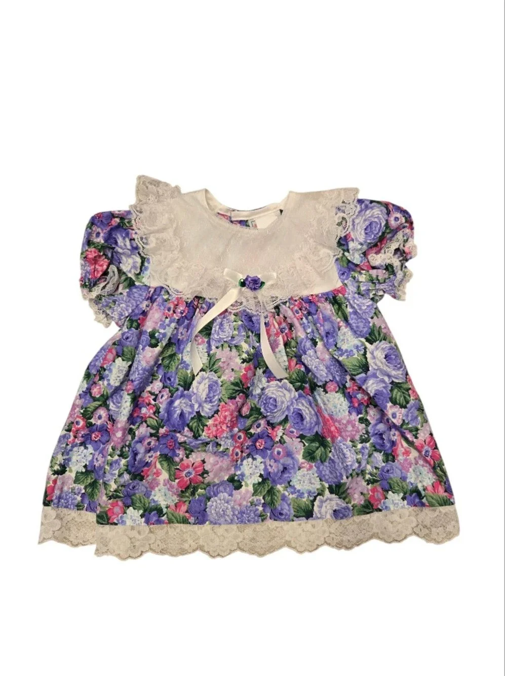 Vintage 1990s Purple Pink Floral Lace Collar Special Occasion Dress